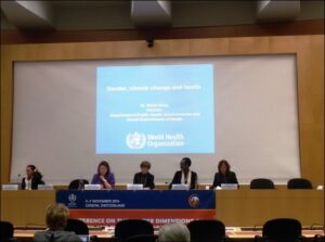 grande schermo proietta "gender, climate change and health - world health organization"
